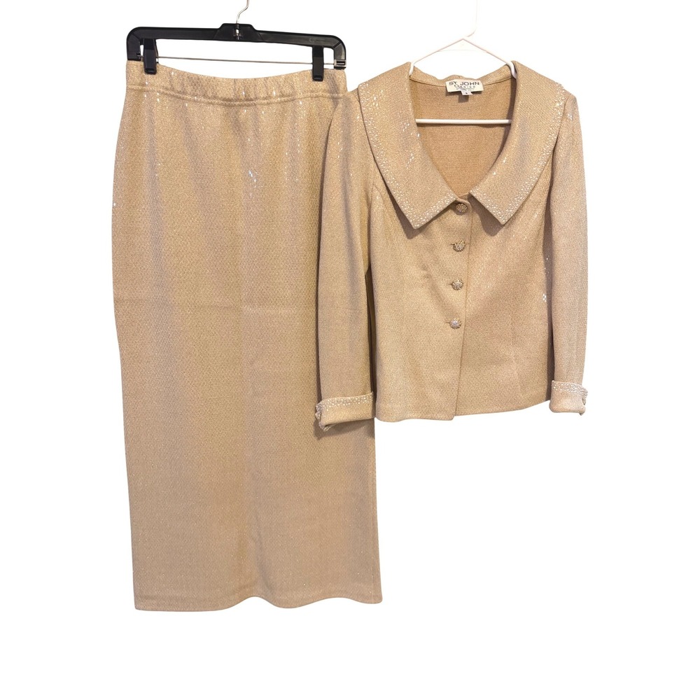 St John Evening Gold Santana Knit Sequin Pearl Skirt Suit Set old money luxury